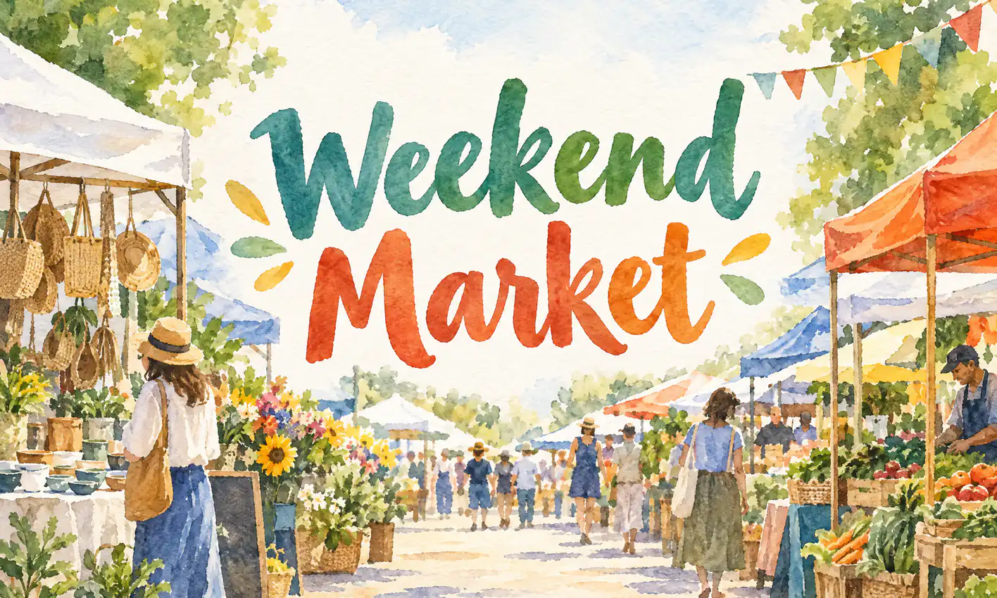 가운데 큰 제목 “Weekend Market”이 있는 AI 수채화 시장 포스터. 프롬프트: 수채화 주말 시장 포스터, 가운데 큰 제목 "Weekend Market", 다른 텍스트 없음